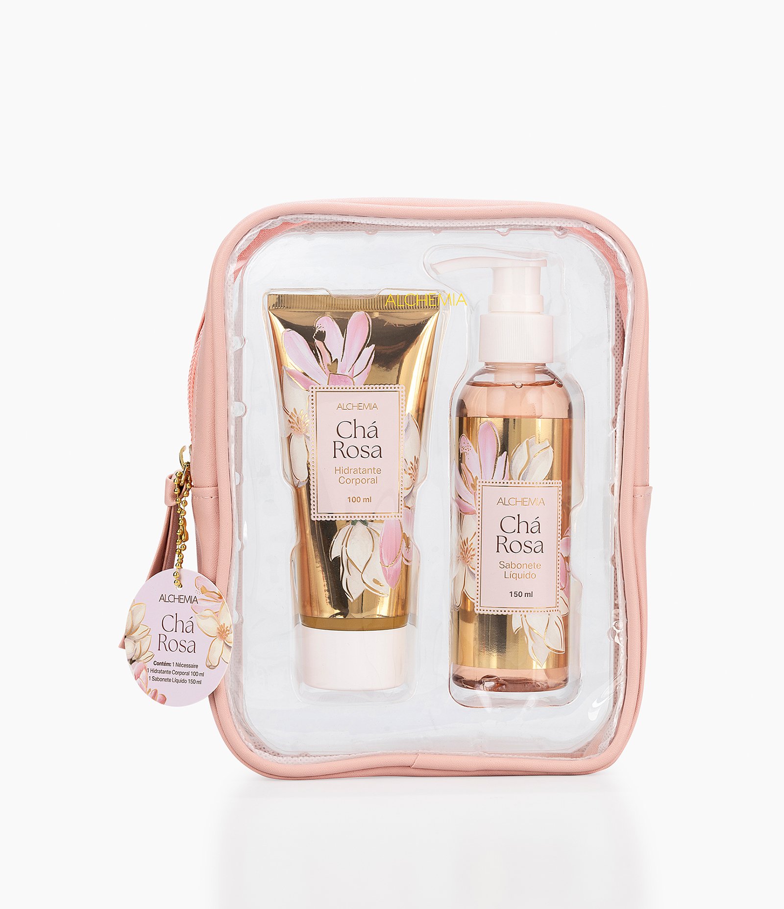 Kit Nécessaire Rosa Chá Rosa com Sabonete Liquido  Alchemia + Hidratante Corporal  Mães Alchemia 


 KIT 1