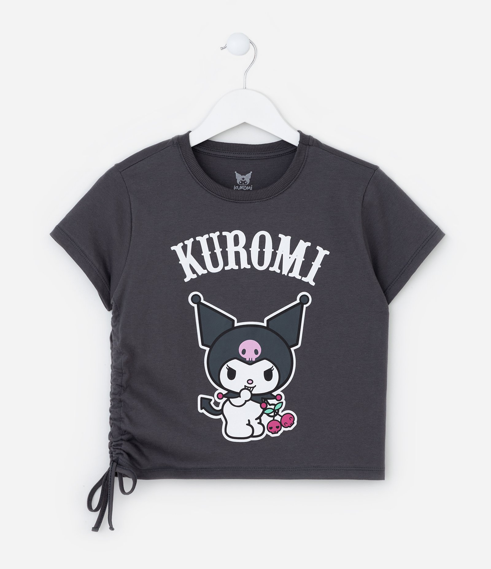 Camiseta Infantil com Amarração e Estampa Kuromi - Tam 5 a 14 Anos Cinza 1