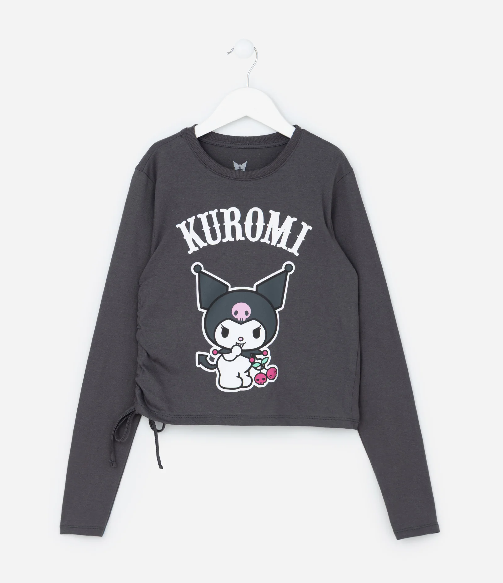 Camiseta Infantil com Amarração e Estampa Kuromi - Tam 5 a 14 Anos Cinza 1