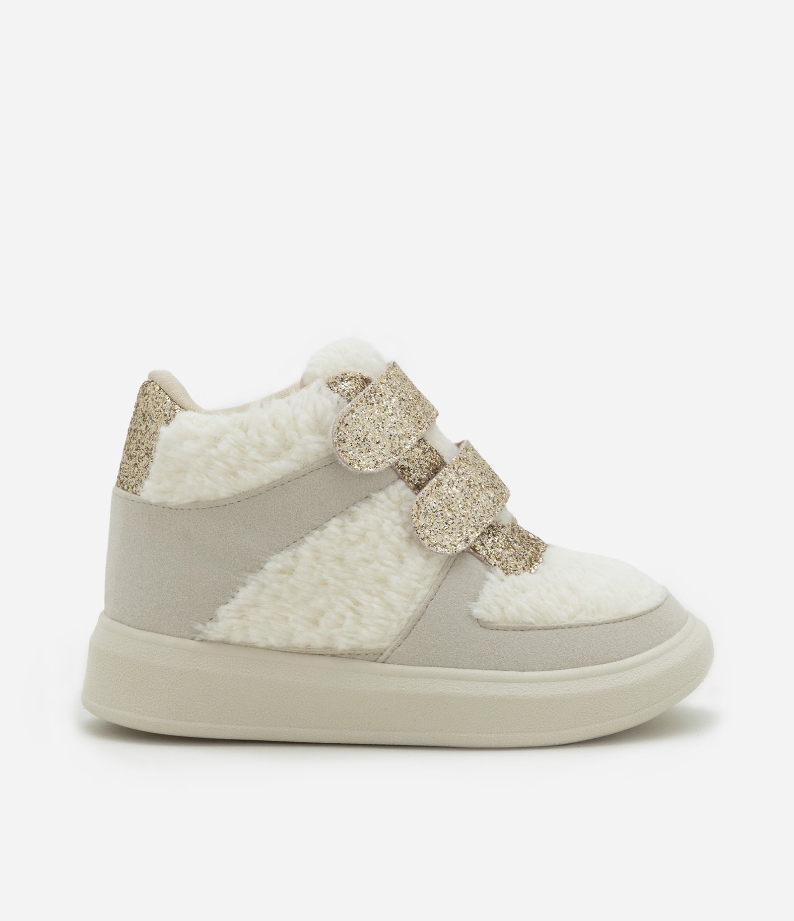 Tênis Abotinado Infantil com Recortes em Sherpa e Brilhos - Tam 20 ao 27 Off White 6