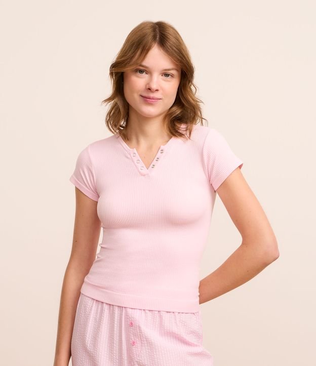 Blusa de Pijama em Ribana com Botões no Decote