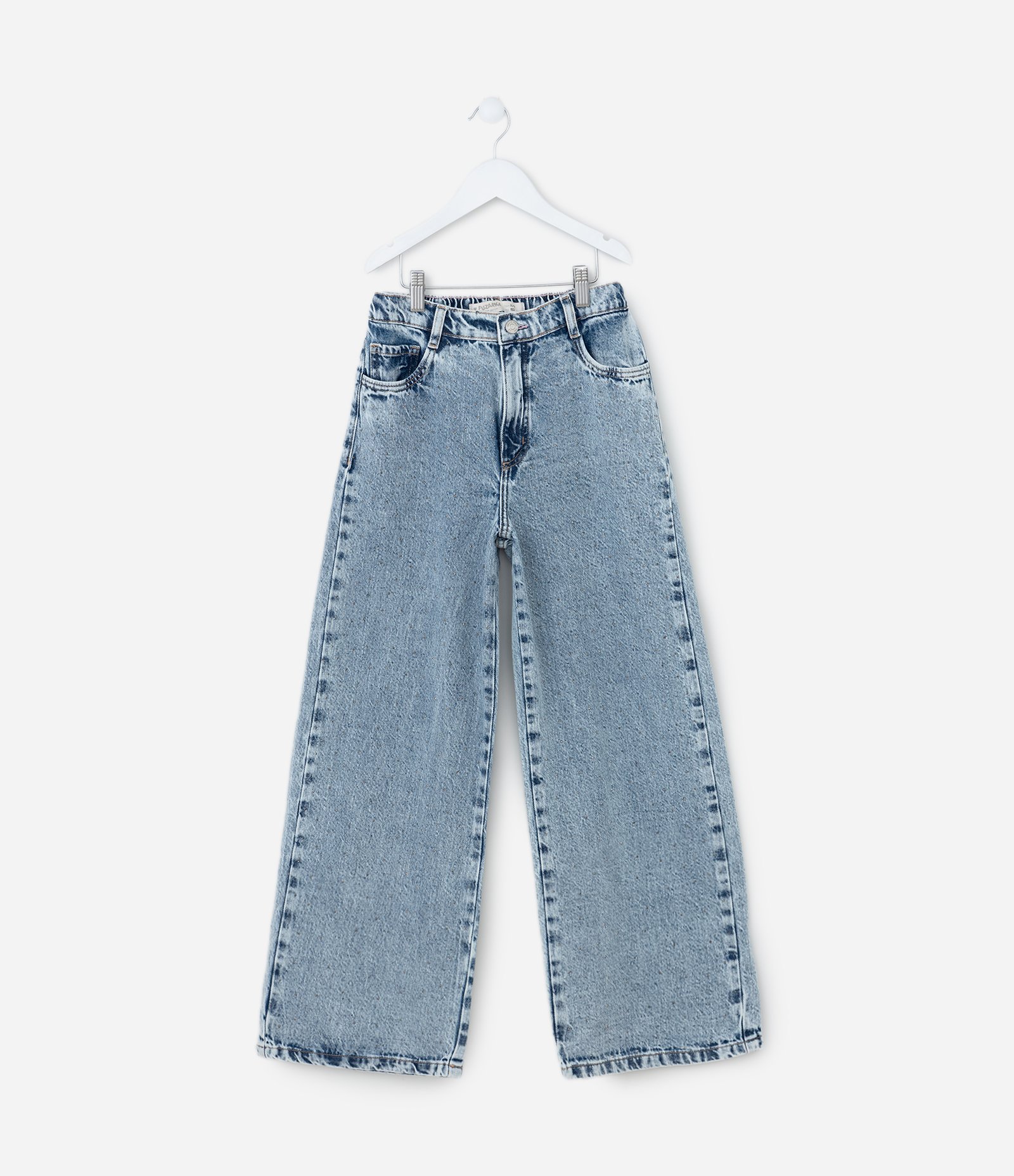 Calça Wide Leg Infantil em Jeans com Brilhinhos - Tam 5 a 14 Anos Azul 1