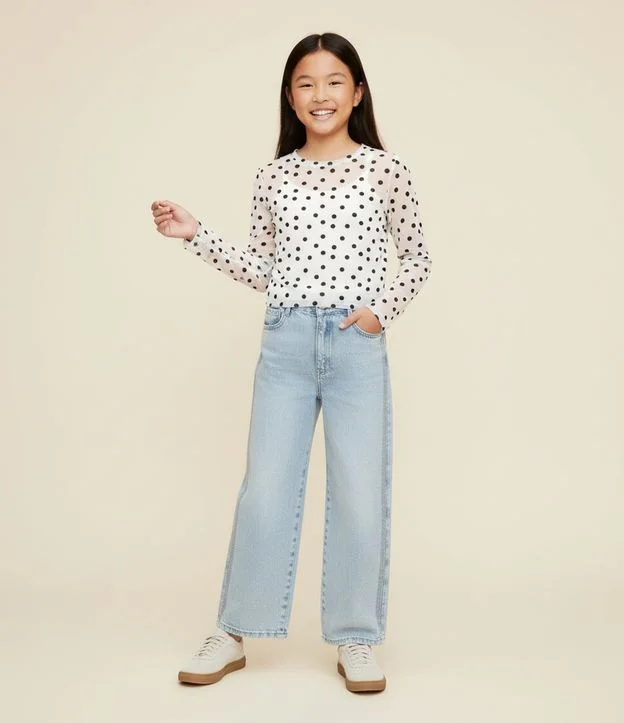 Calça Wide Leg Infantil em Jeans com Brilhinhos - Tam 5 a 14 Anos