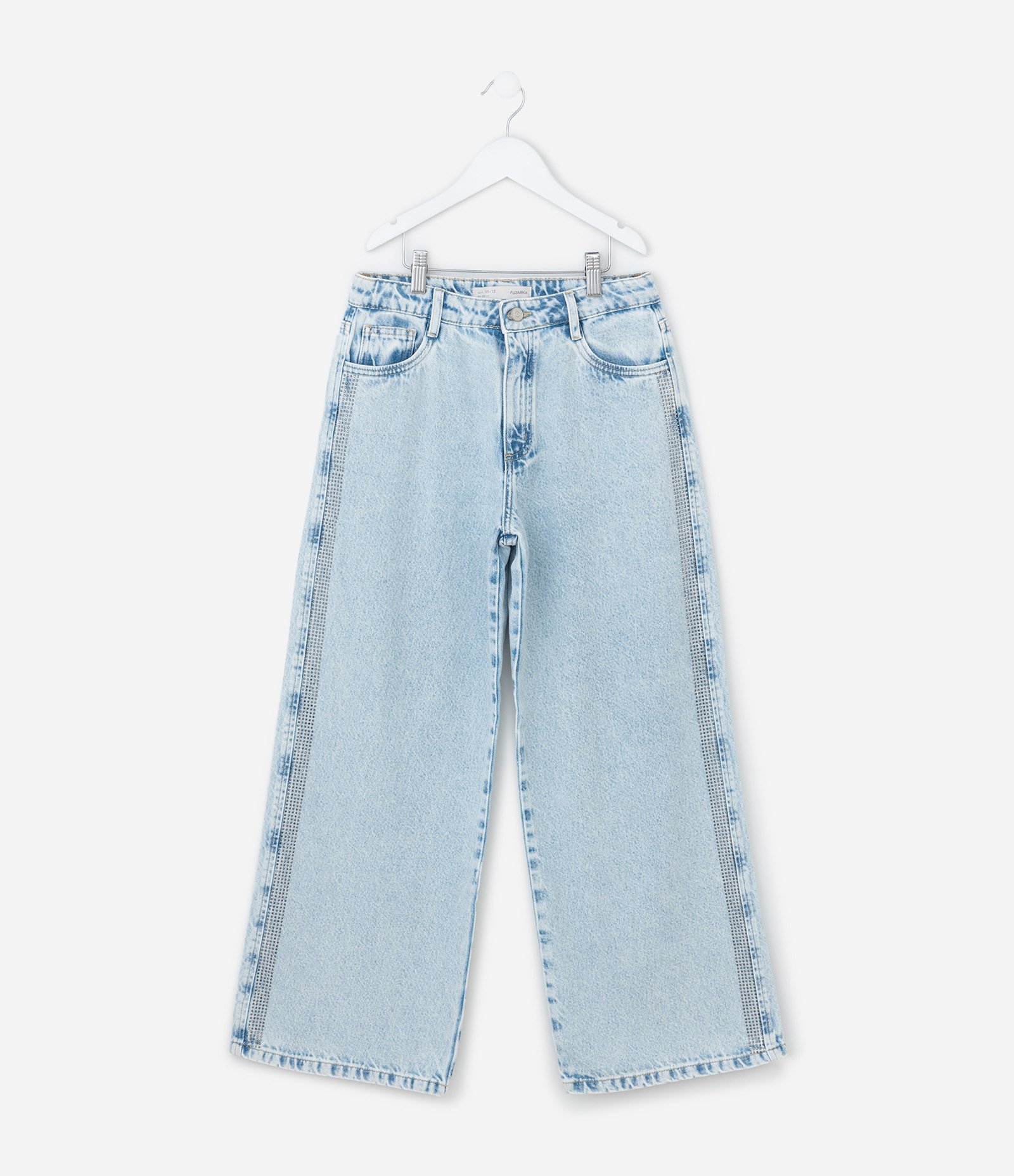 Calça Wide Leg Infantil em Jeans com Brilhinhos - Tam 5 a 14 Anos Azul 1