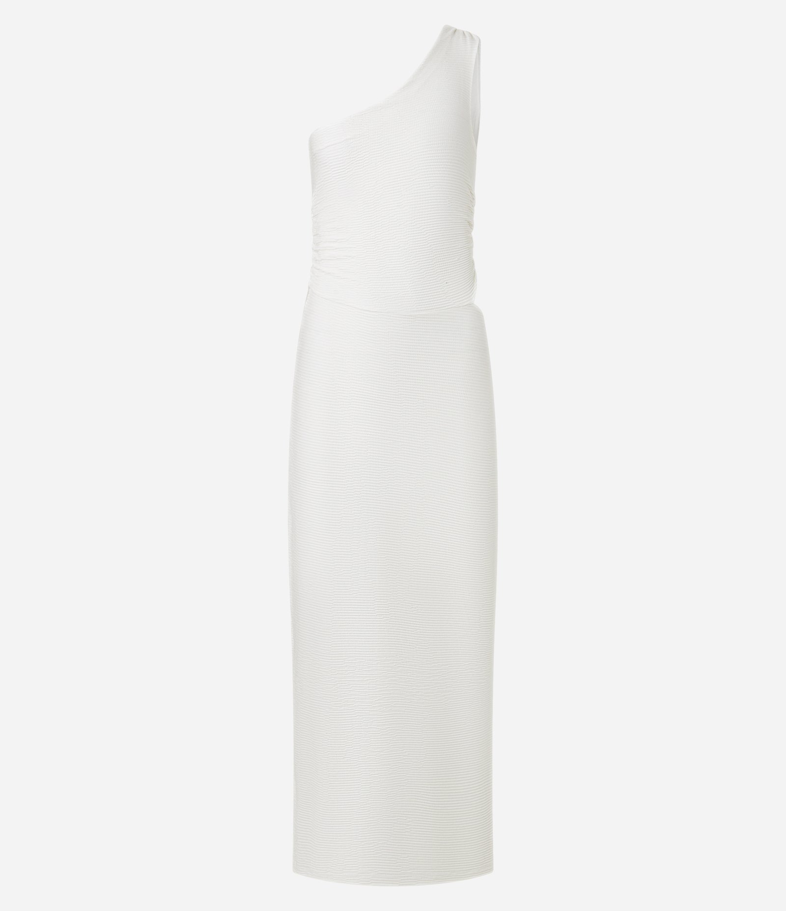 Vestido Long Midi Texturizado com Ombro Só e Franzido Off White 4