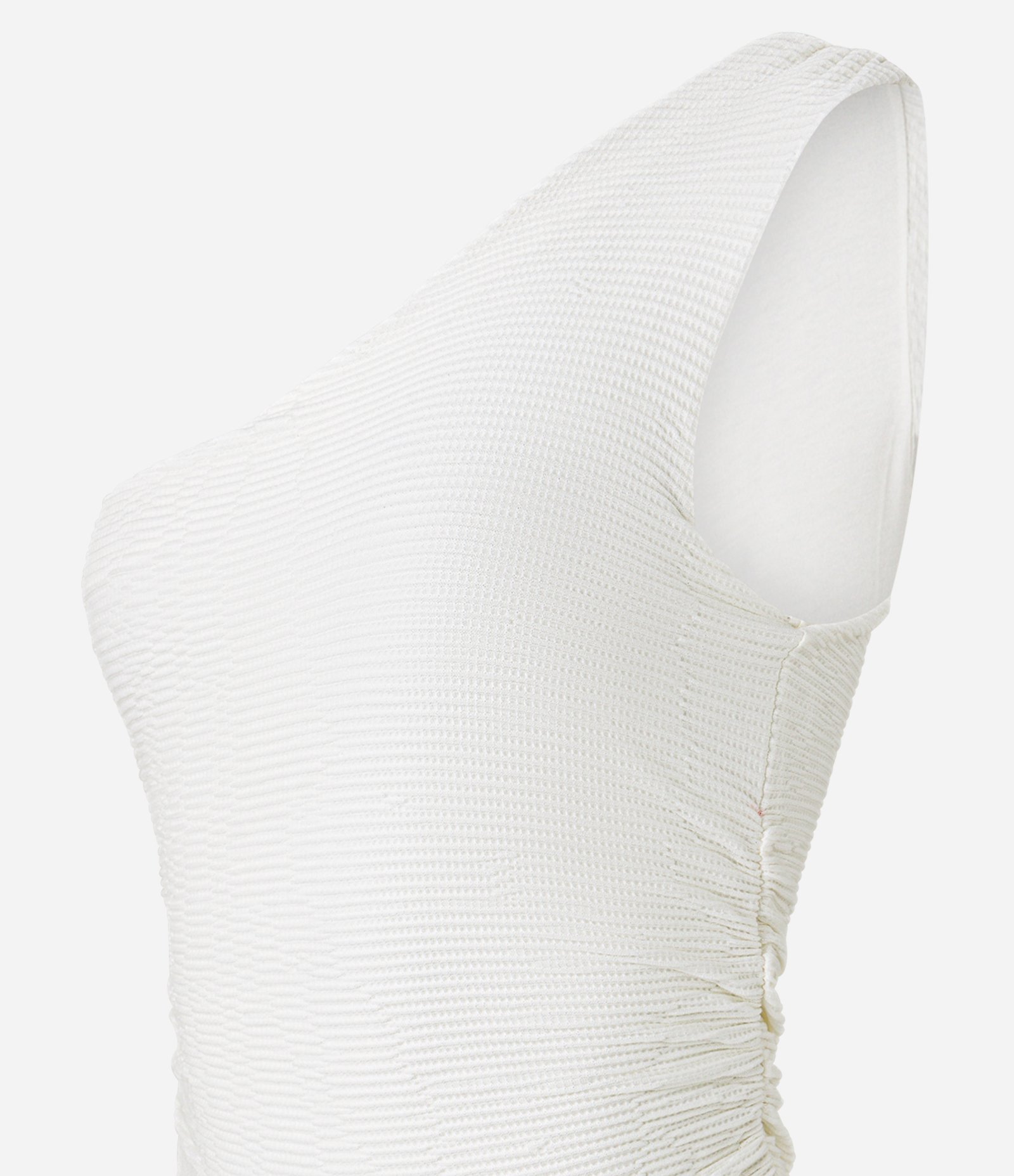 Vestido Long Midi Texturizado com Ombro Só e Franzido Off White 5