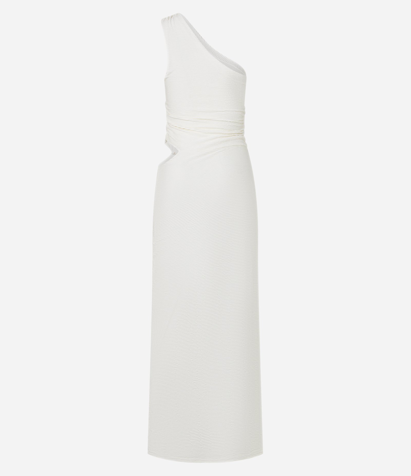 Vestido Long Midi Texturizado com Ombro Só e Franzido Off White 6