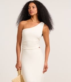 Vestido Long Midi Texturizado com Ombro Só e Franzido