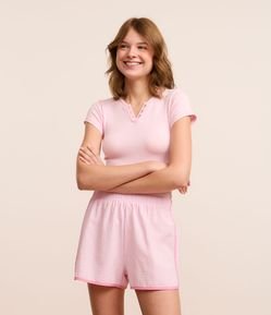 Short de Pijama em Anarruga Listrada com Barra Contrastante