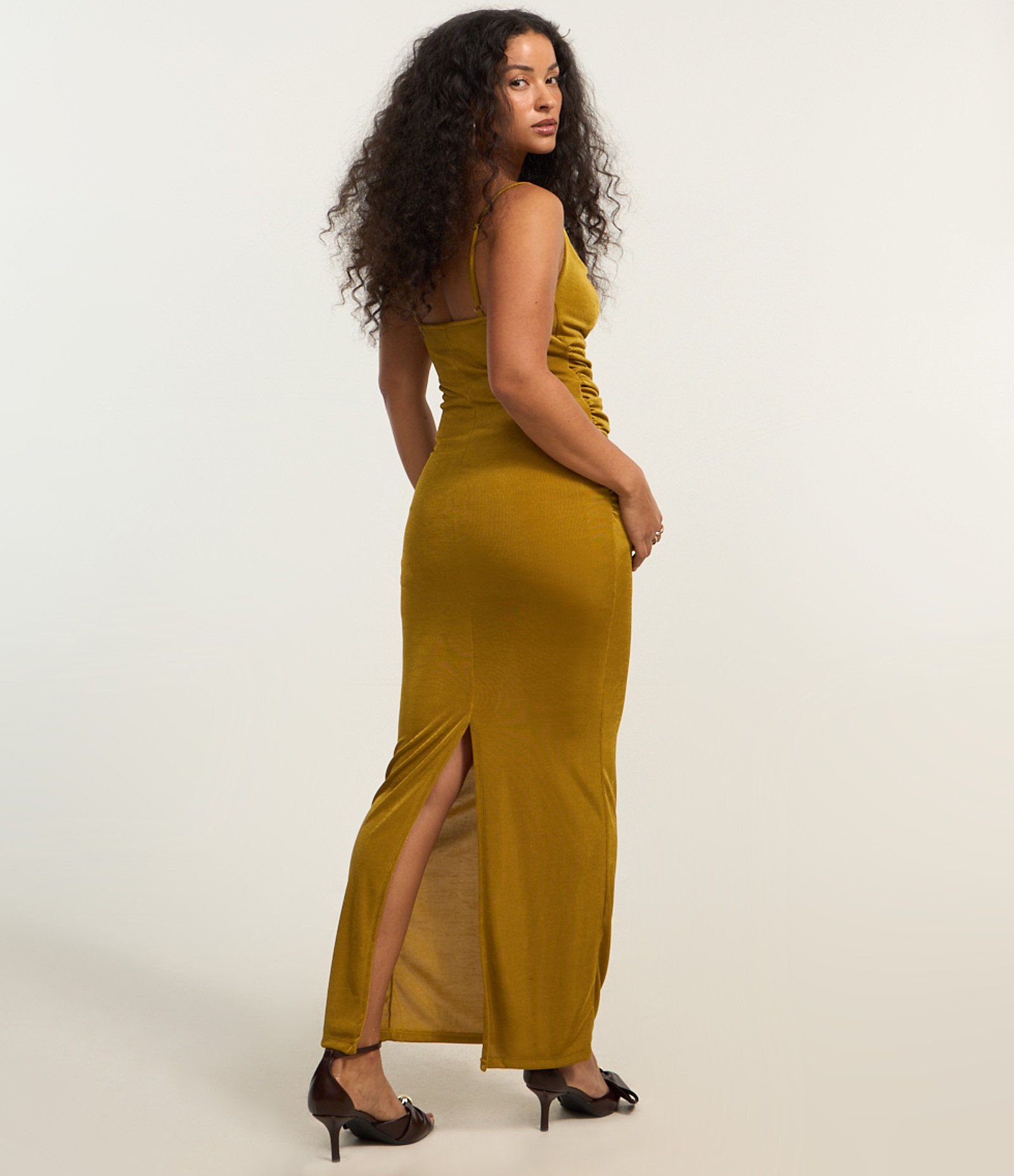 Vestido New Midi em Ribana com Decote Degagê e Fenda Verde 3