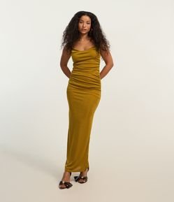 Vestido New Midi em Ribana com Decote Degagê e Fenda