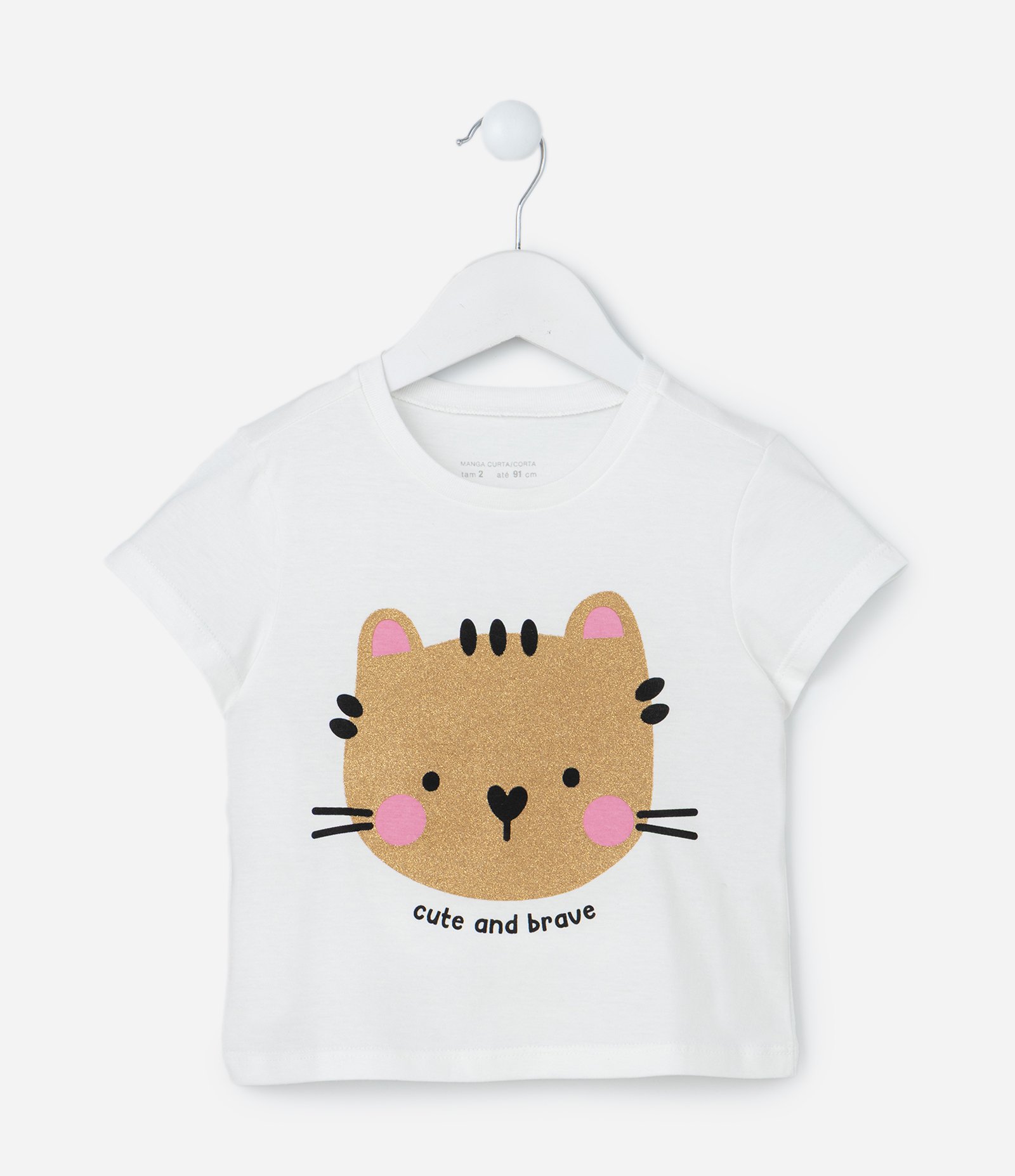 Blusa Infantil com Estampa Gatinho com Glitter - Tam 1 a 6 Anos Branco 1