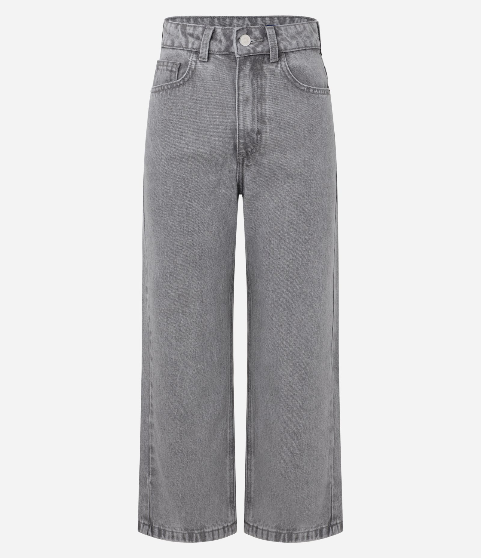 Calça Reta Cropped em Jeans com Passantes no Cós Cinza 1