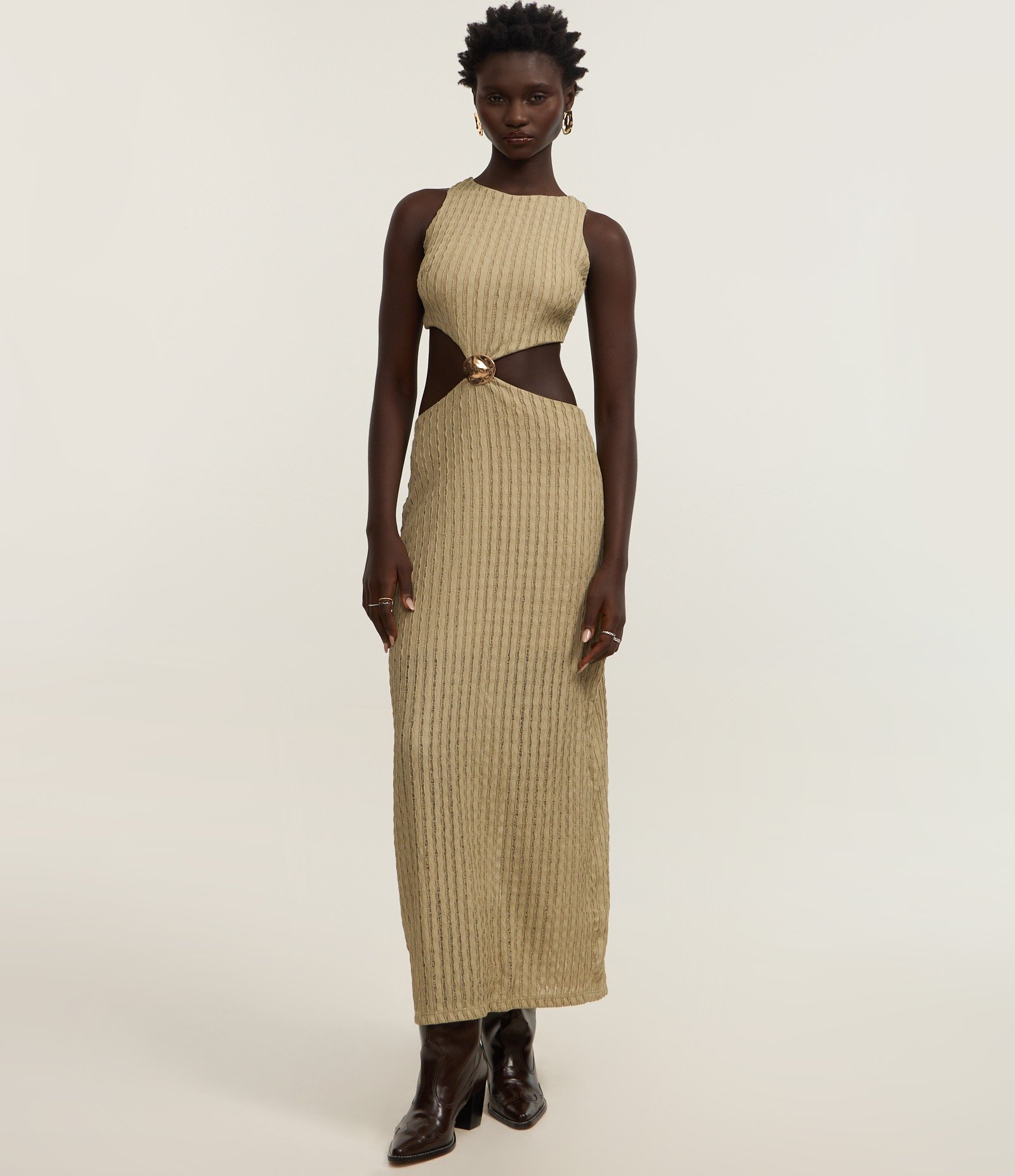 Vestido New Midi Texturizado com Detalhe Metalizado Verde 1