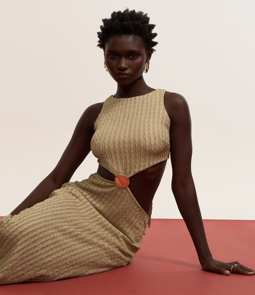 Vestido New Midi Texturizado com Detalhe Metalizado Verde