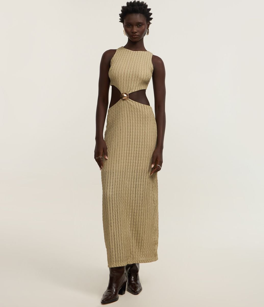 Vestido New Midi Texturizado com Detalhe Metalizado Verde