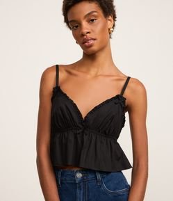 Blusa em Tricoline com Frufru no Decote e Elástico nas Costas