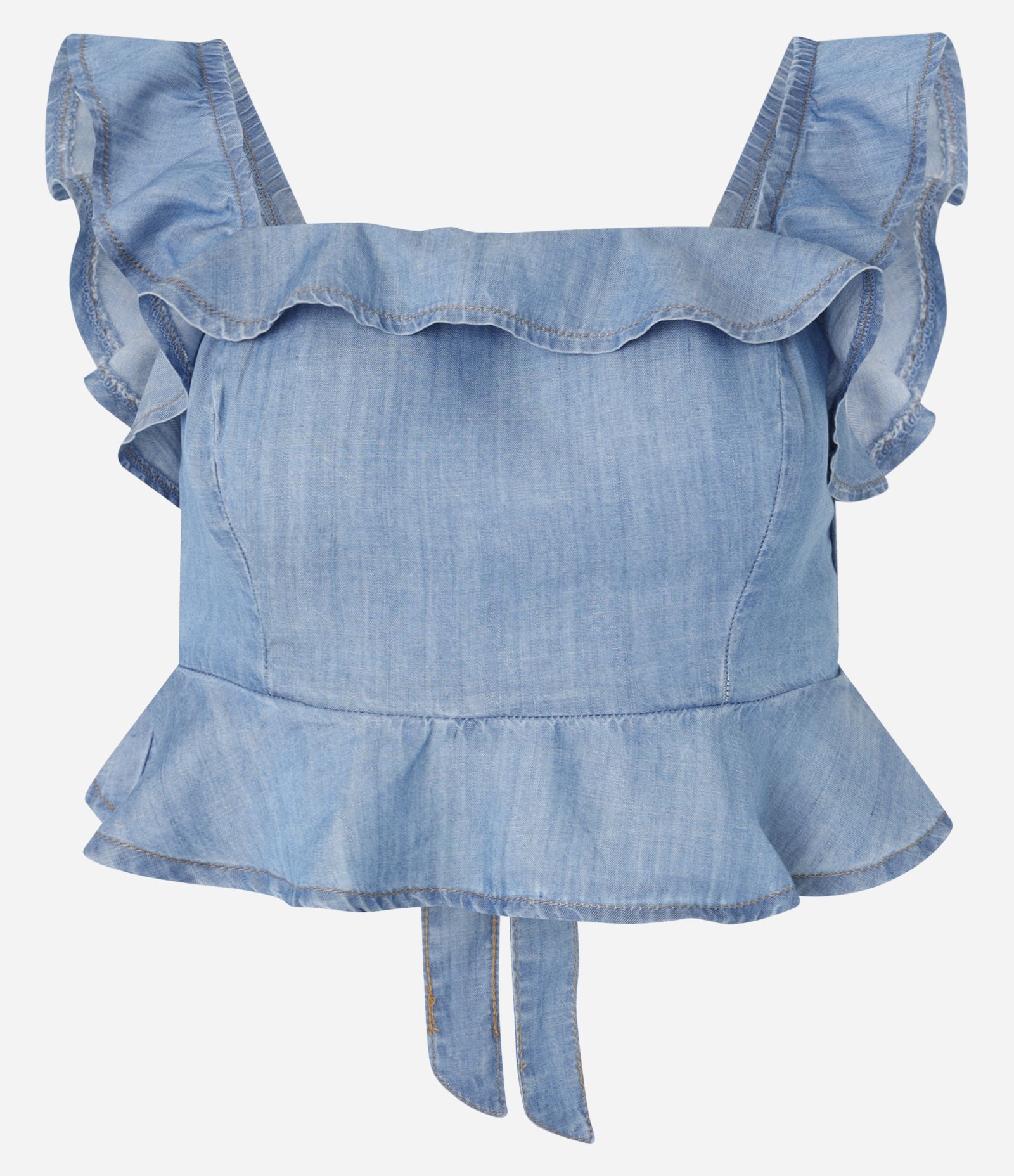 Blusa em Jeans com Babados e Amarração nas costas Azul 5