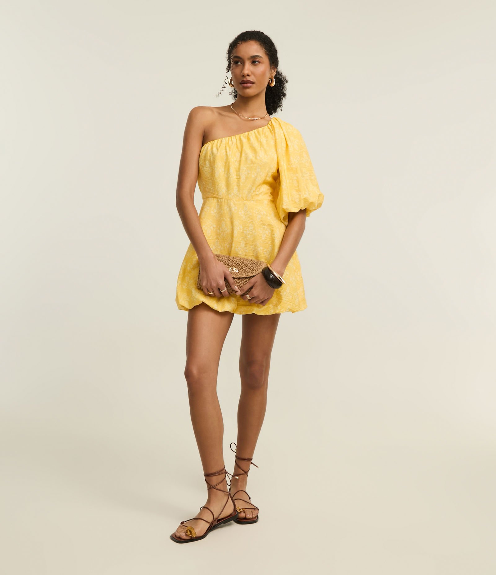 Vestido Balonê Ombro Só em Tricoline com Estampa Floral Amarelo 2