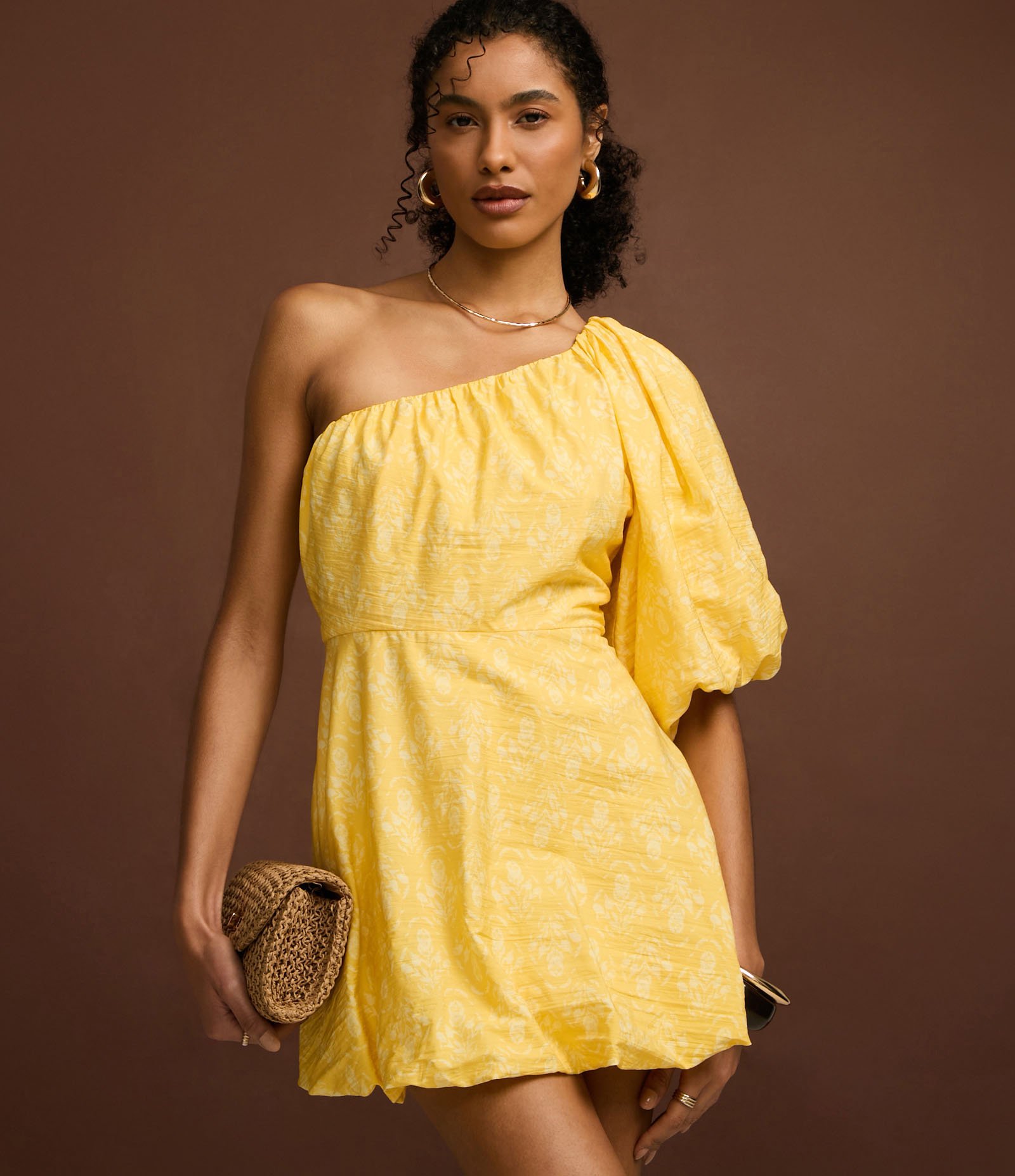 Vestido Balonê Ombro Só em Tricoline com Estampa Floral Amarelo 5