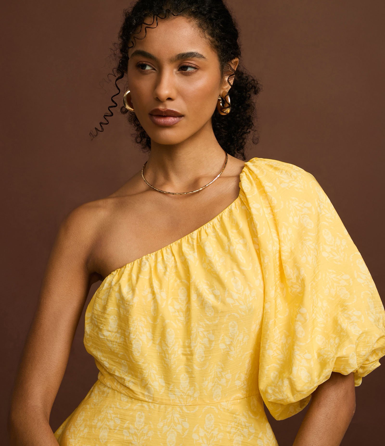 Vestido Balonê Ombro Só em Tricoline com Estampa Floral Amarelo 6