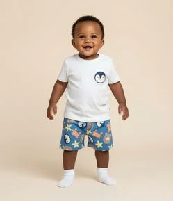 Conjunto Infantil em Microfibra com Estampa de Pinguim - Tam 0 a 18 Meses