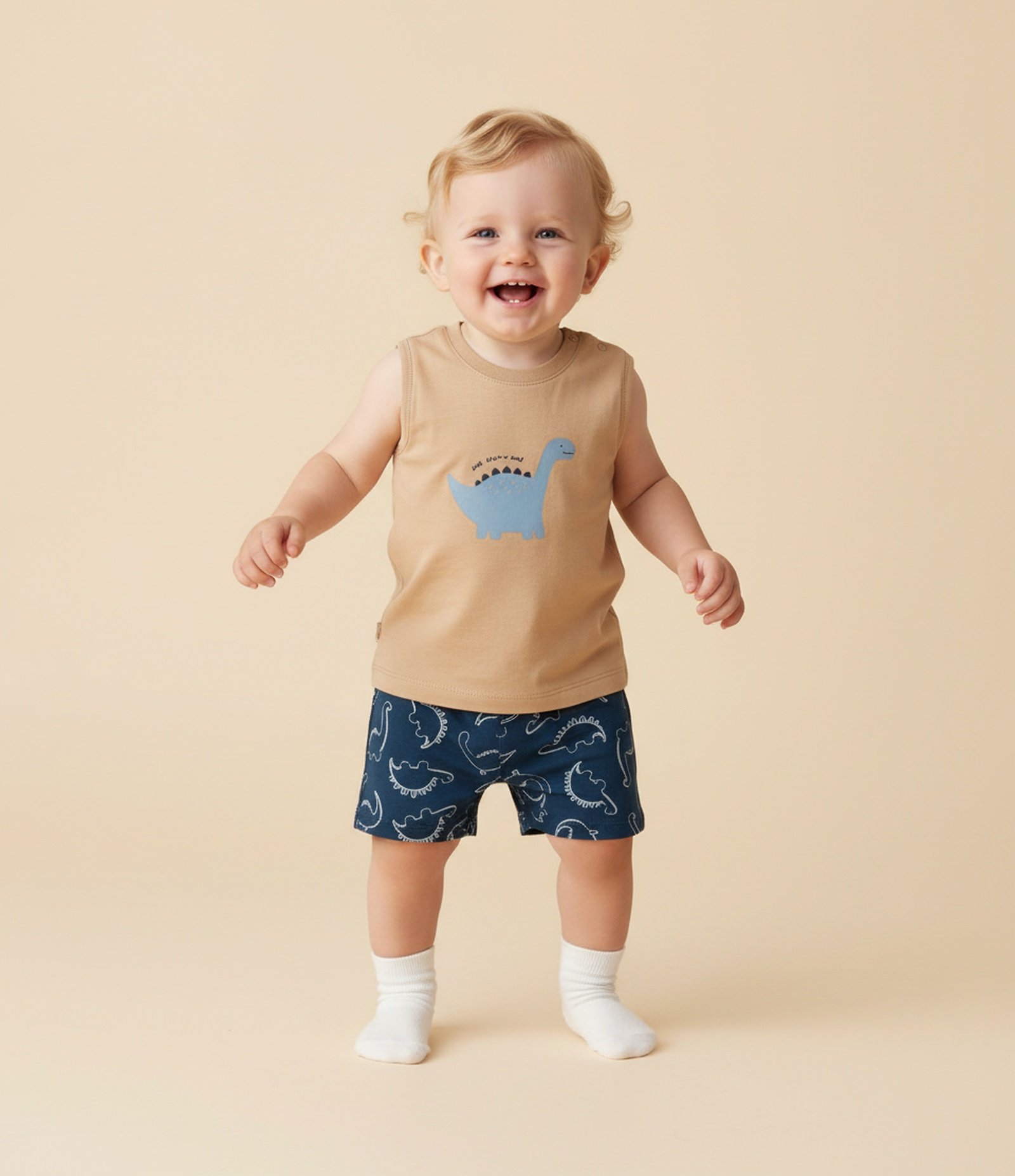 Conjunto Infantil com Estampa de Dino - Tam 3 a 18 Meses Bege/Azul 1