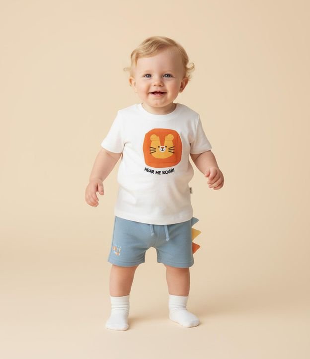 Bermuda Infantil em Moletom com Estampa Interativa Dino - Tam 0 a 18 Meses