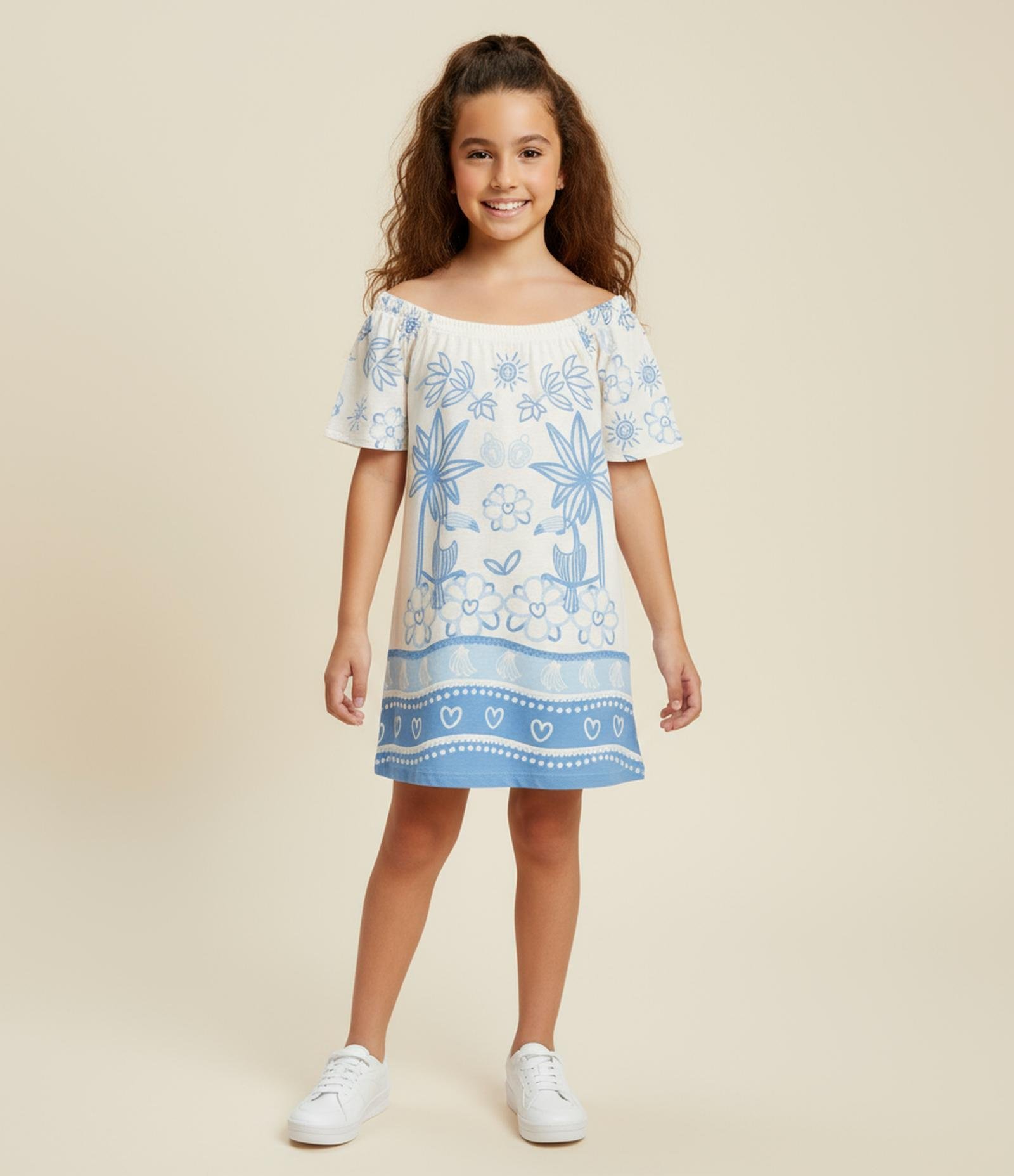 Vestido Infantil em Viscolinho com Estampa Tropical - Tam 5 a 14 Anos Bege 1