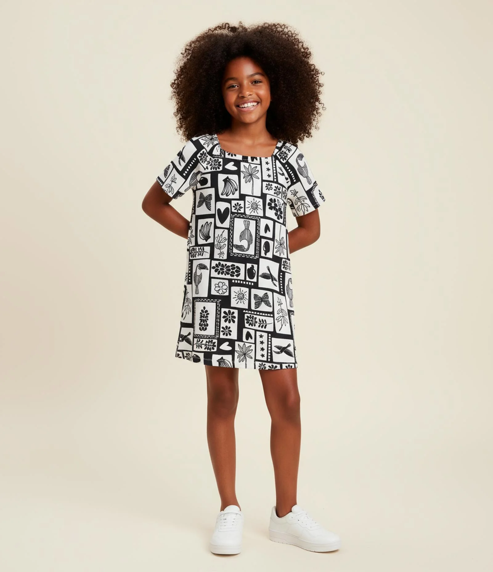 Vestido Infantil em Viscolinho com Manga Borboleta e Estampado - Tam 5 a 14 Anos Bege 1