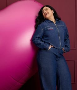 Calça Wide Leg Jeans com Bordado e Cordão Curve & Plus Size
