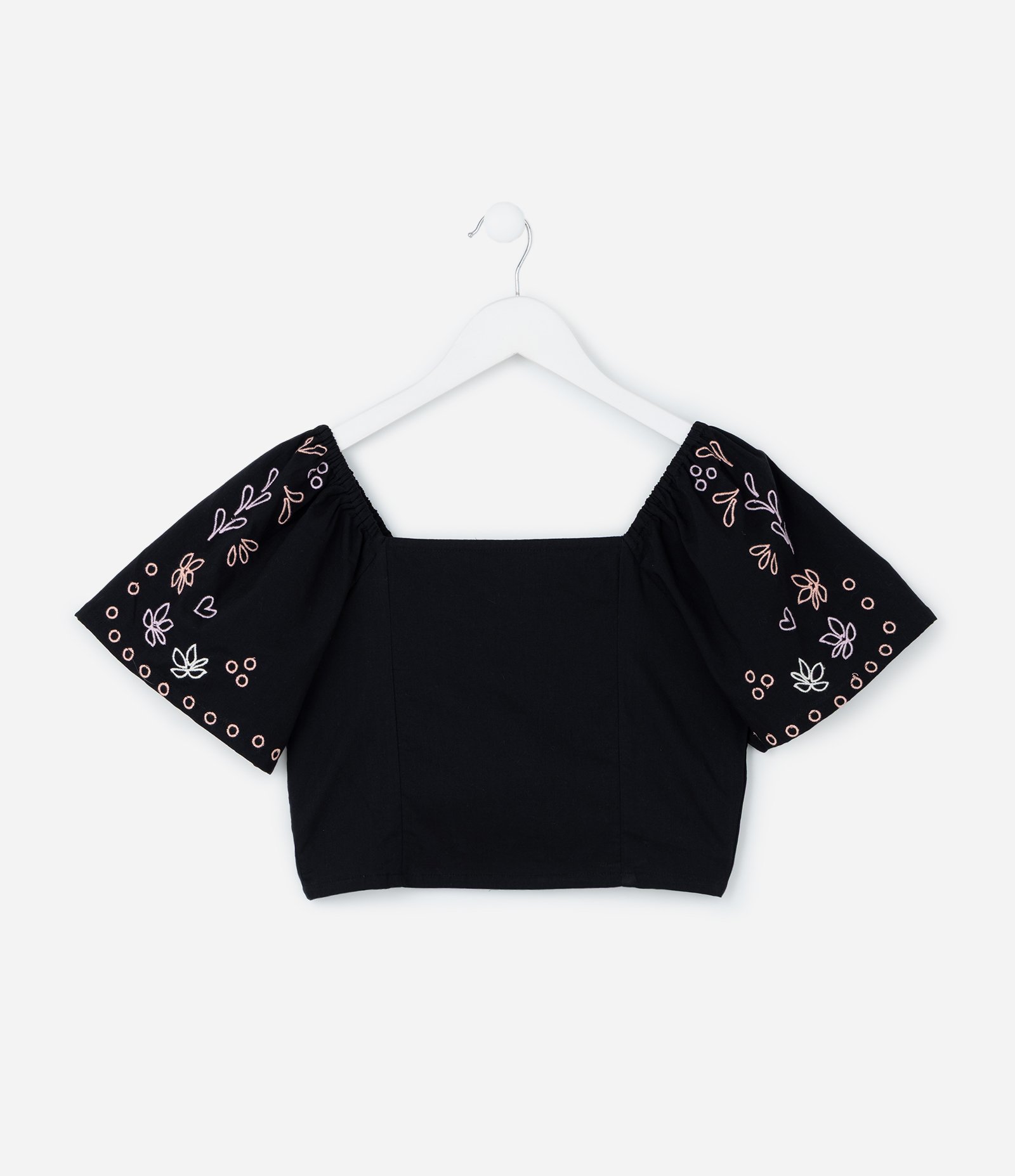 Blusa Cropped Infantil em Tricoline com Bordados nas Mangas - Tam 5 a 14 Anos Preto 2