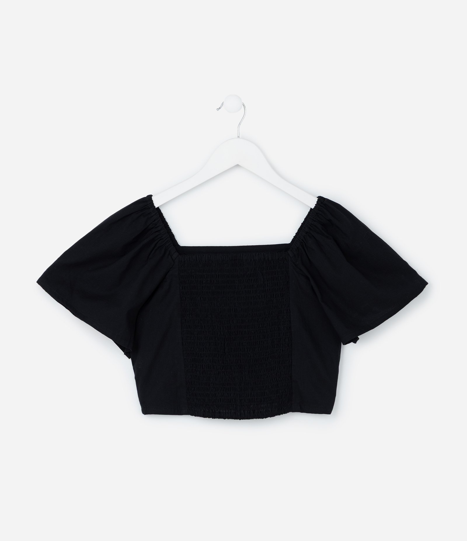Blusa Cropped Infantil em Tricoline com Bordados nas Mangas - Tam 5 a 14 Anos Preto 3