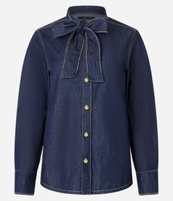 Camisa em Jeans com Laço na Gola e Botões