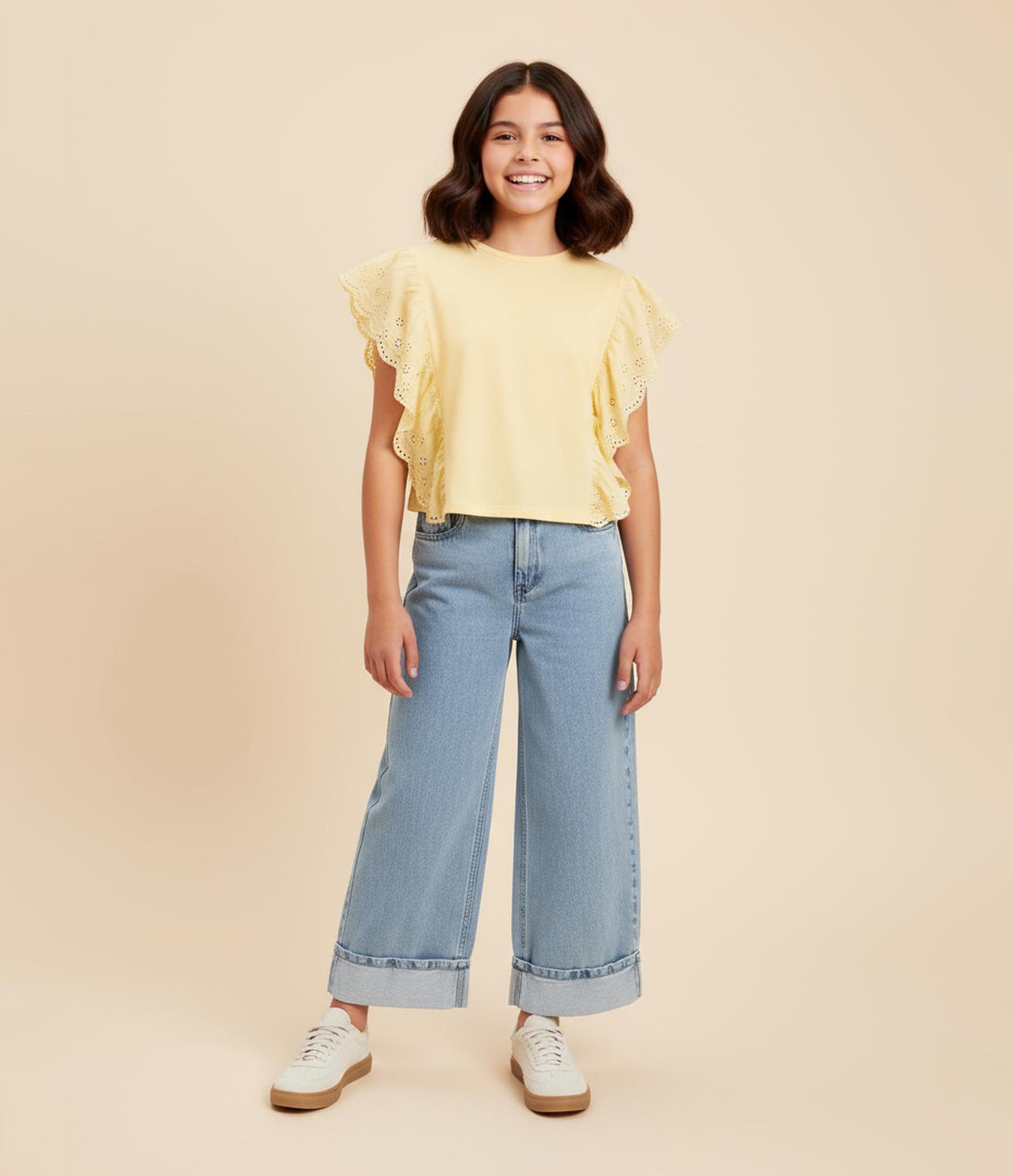 Blusa Infantil em Cotton com Babado Broderie - Tam 5 a 14 Anos Amarelo 1