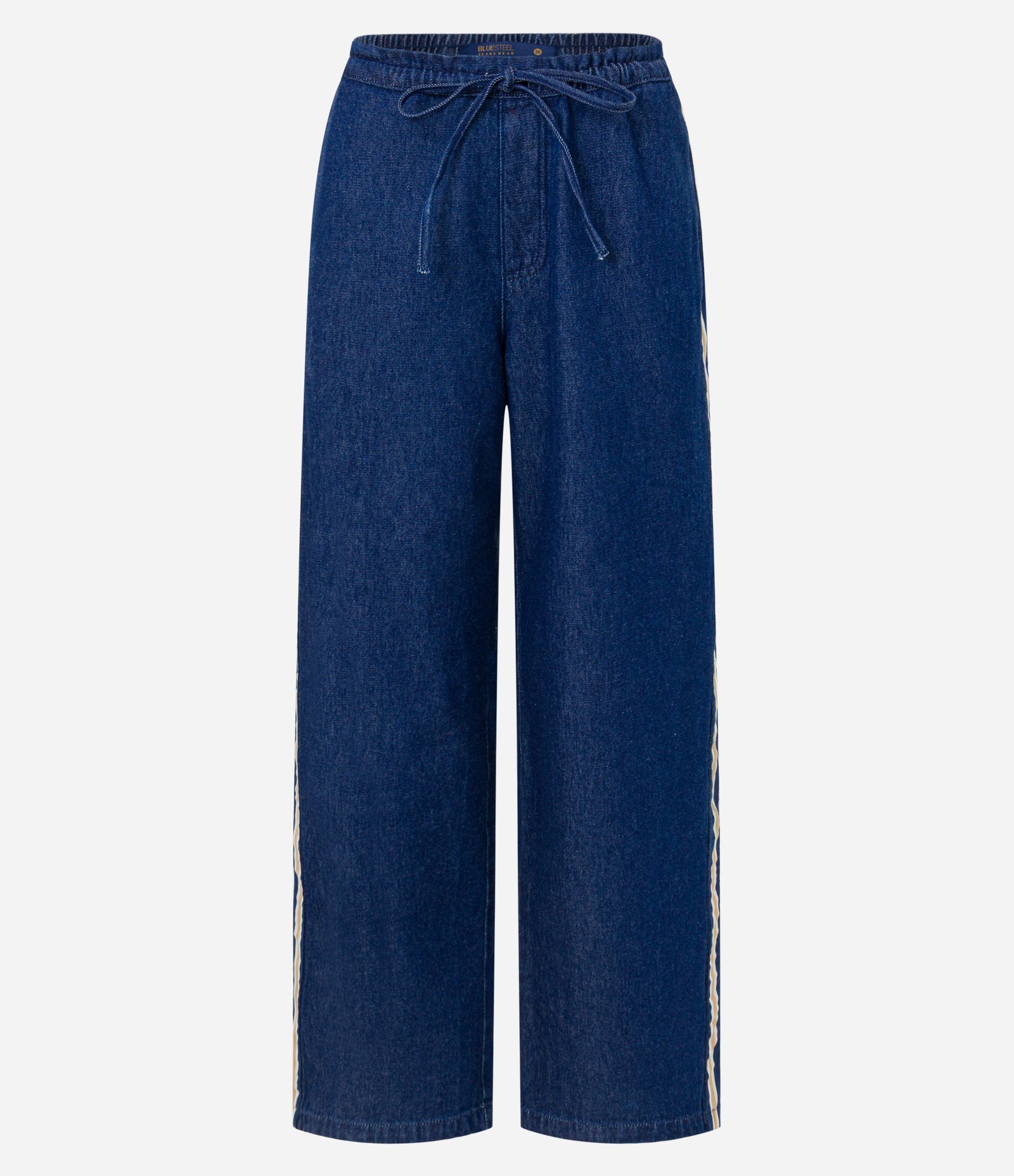 Calça Reta em Jeans com Amarração no Cós e Viés Contrastante na Lateral Azul 5