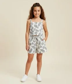 Short Clochard Infantil em Viscolinho Estampa Folhagens - Tam 5 a 14 Anos