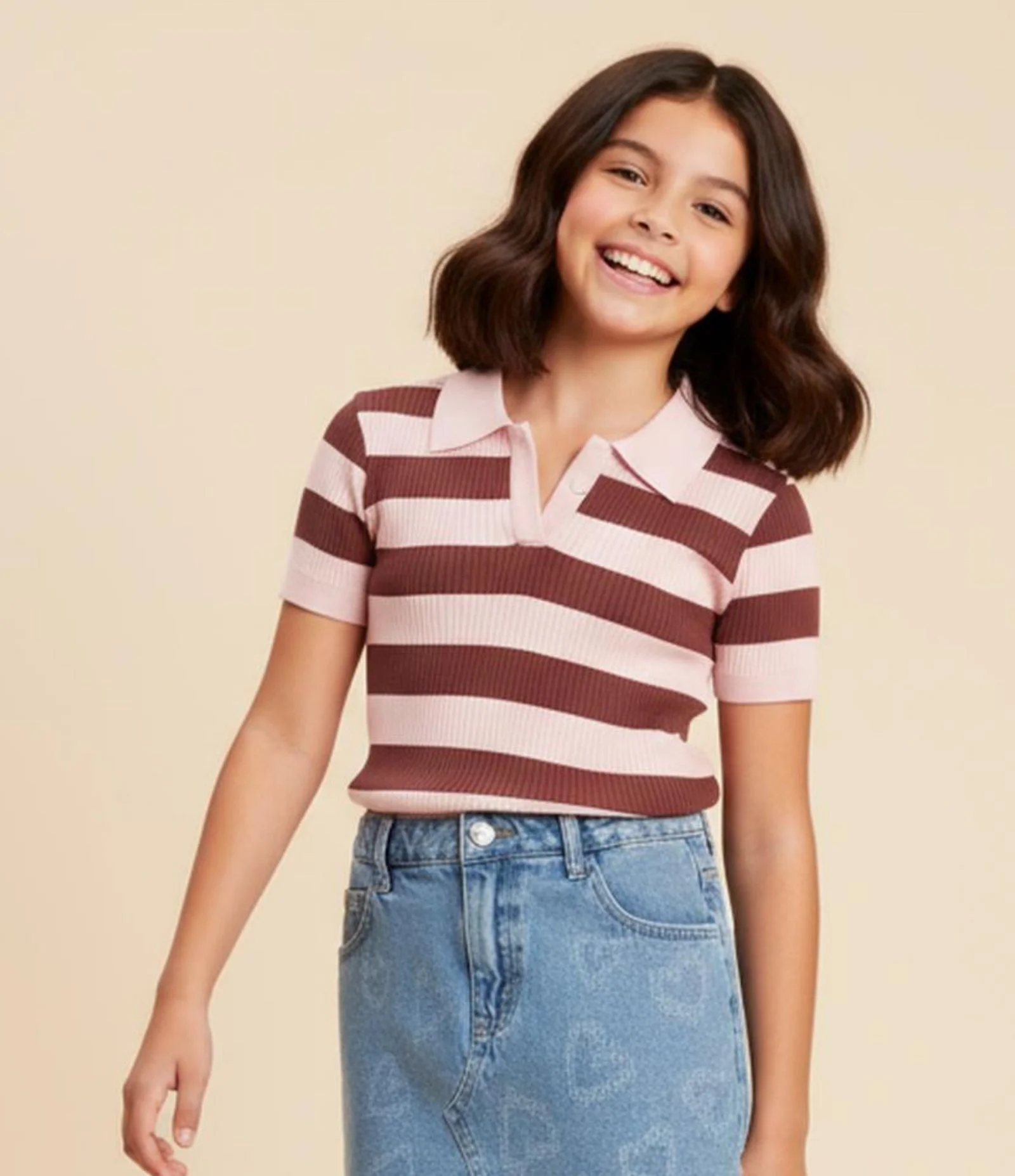 Camisa Infantil com Gola Polo Seamless - Tam 5 a 14 Anos Rosa/Marrom 1