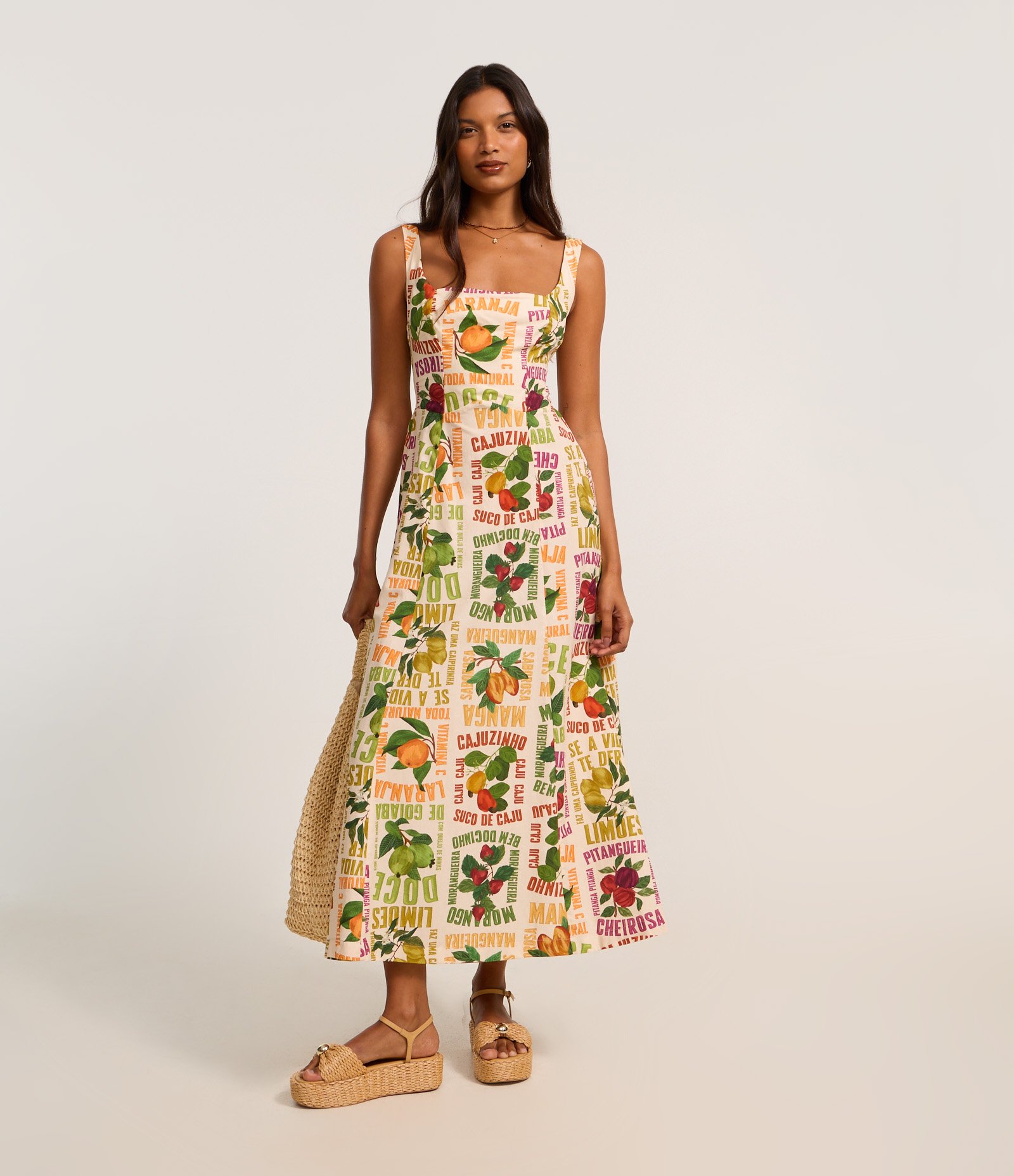 Vestido Longo em Tricoline com Estampa Tropical Bege 1
