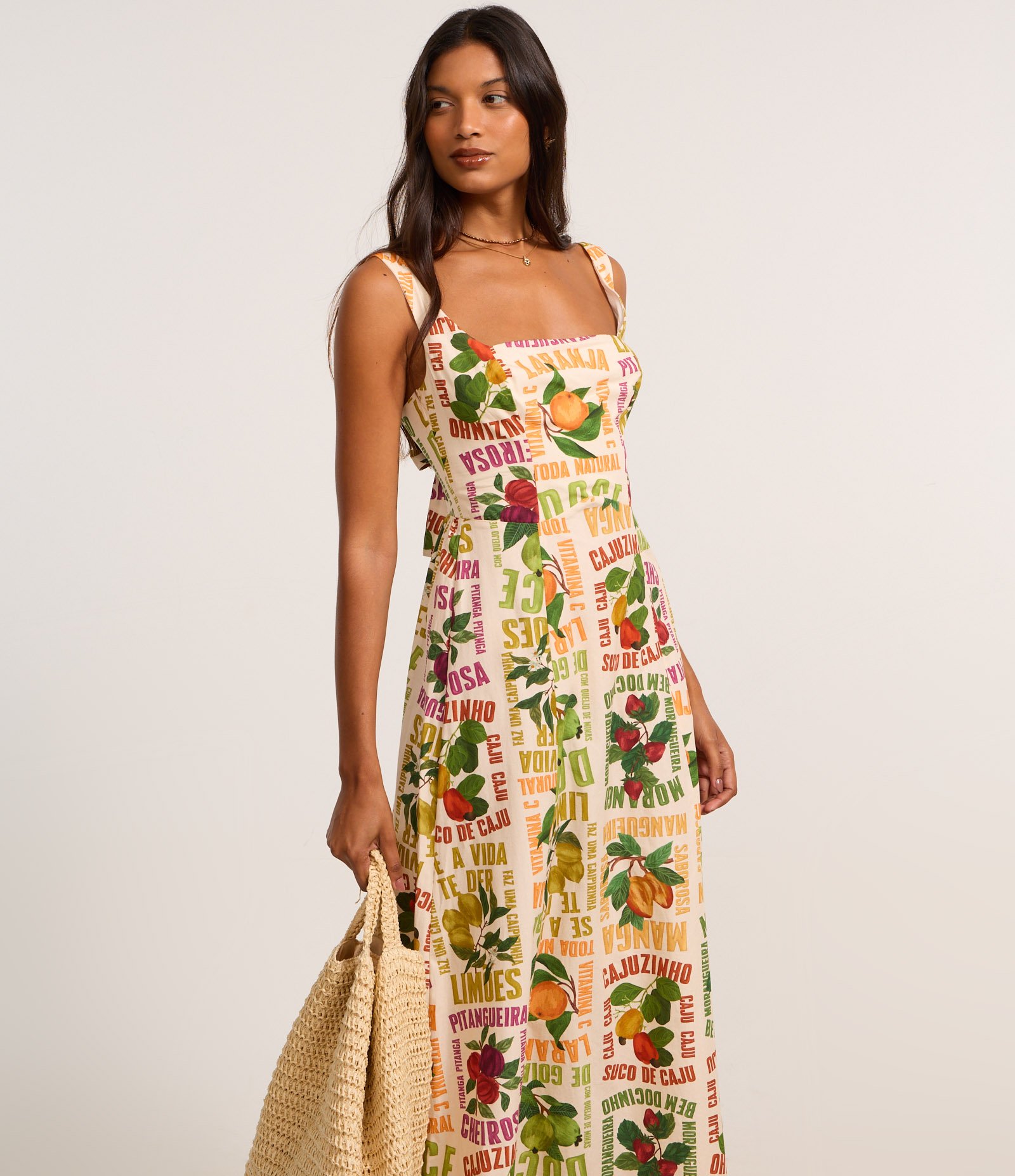 Vestido Longo em Tricoline com Estampa Tropical Bege 2
