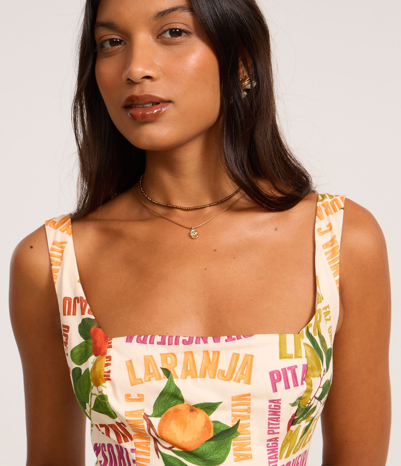 Vestido Longo em Tricoline com Estampa Tropical Bege 3