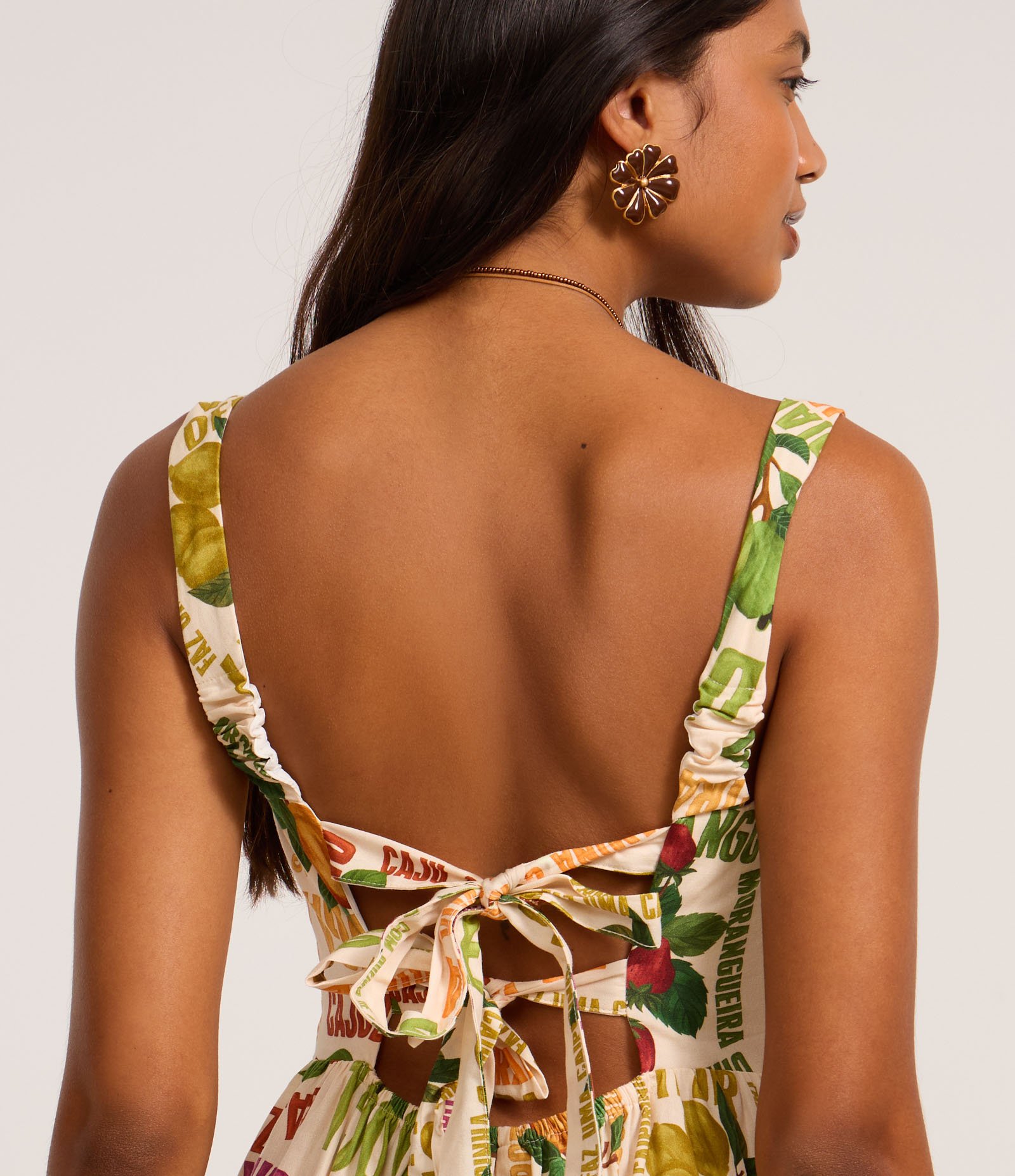 Vestido Longo em Tricoline com Estampa Tropical Bege 4