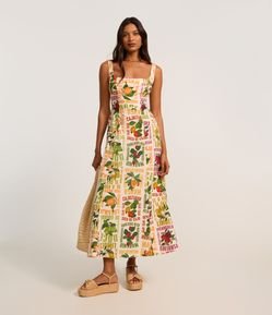Vestido Longo em Tricoline com Estampa Tropical