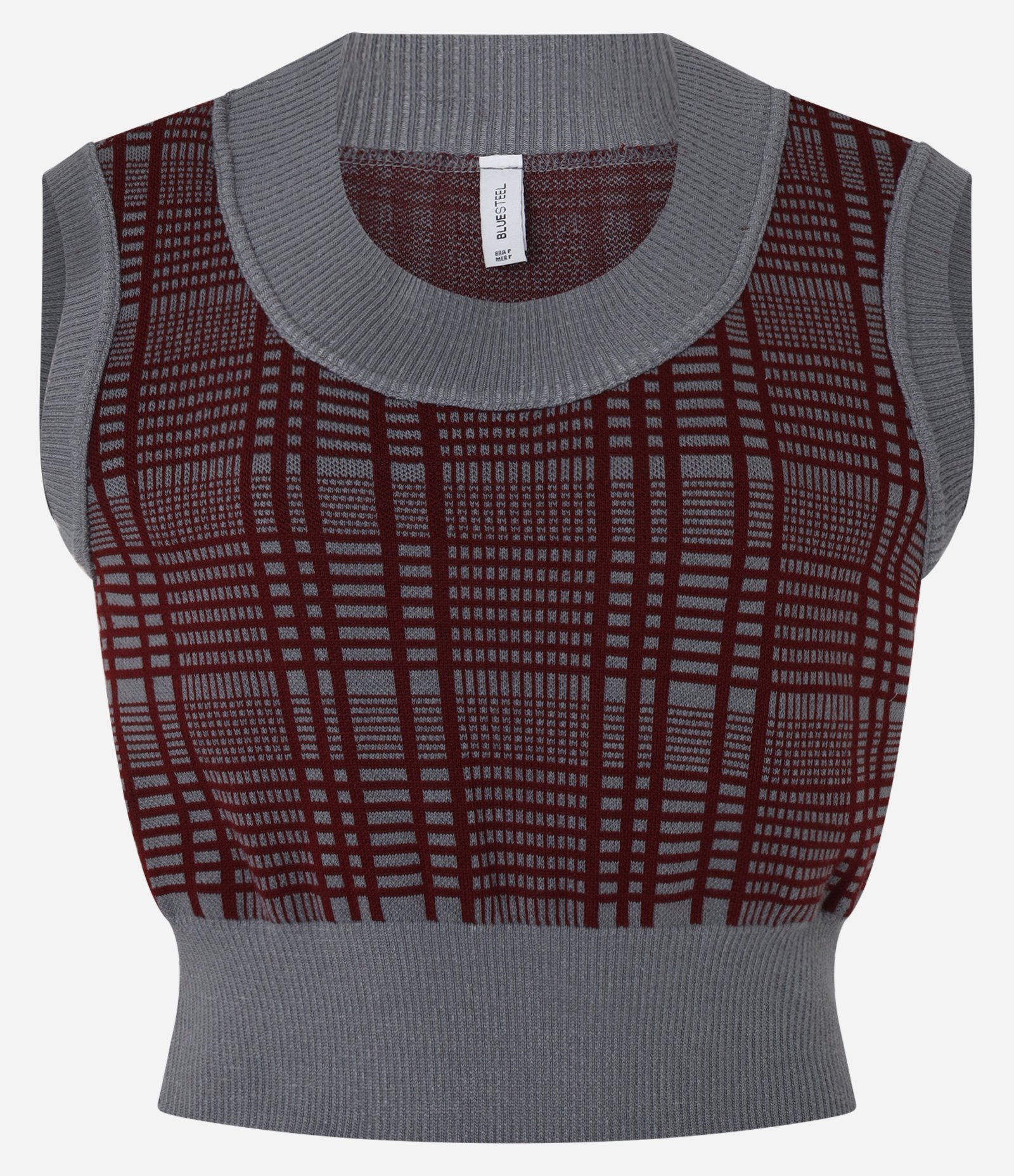 Colete Curto em Tricô Xadrez Bordô/Cinza 4