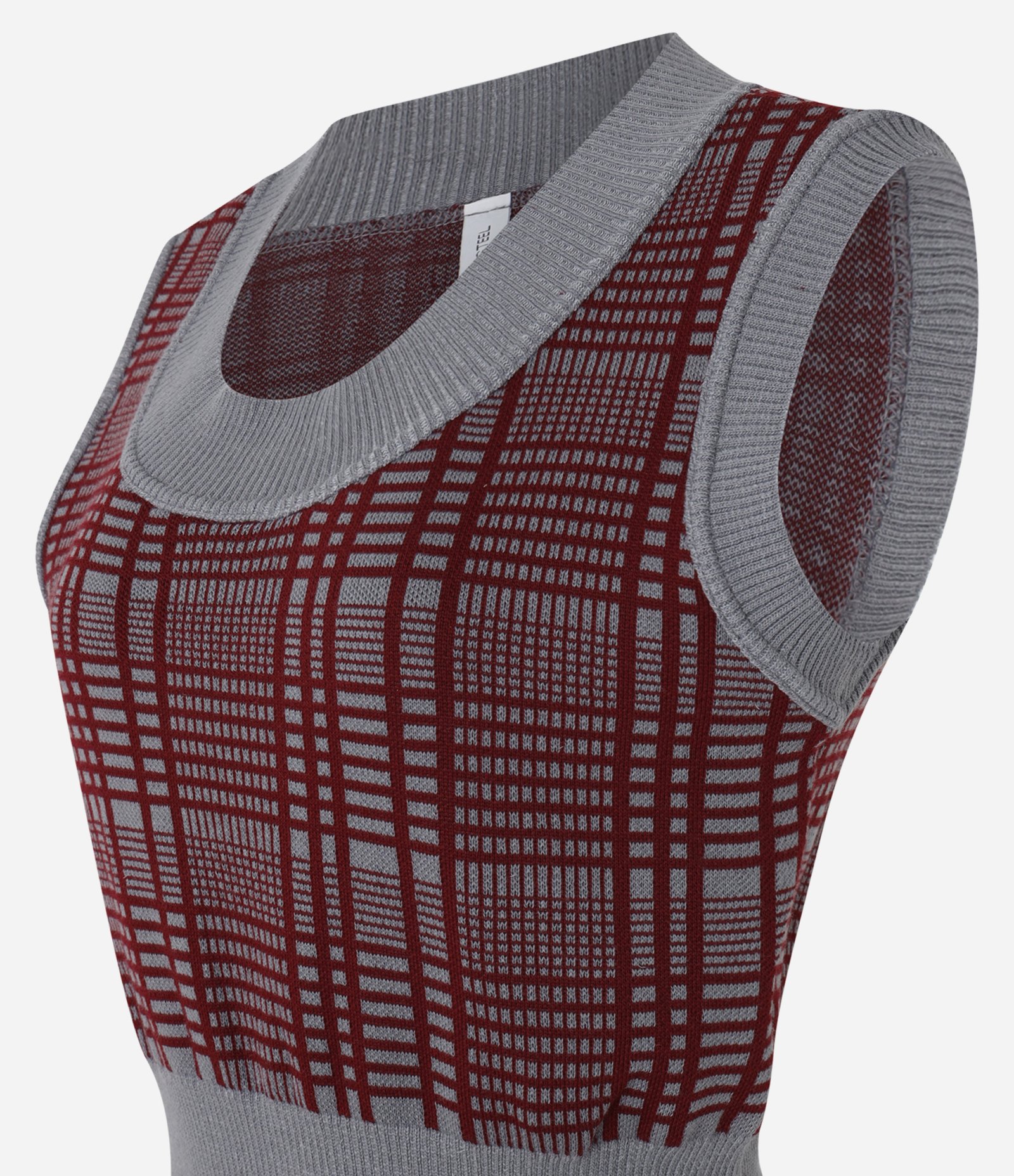 Colete Curto em Tricô Xadrez Bordô/Cinza 5