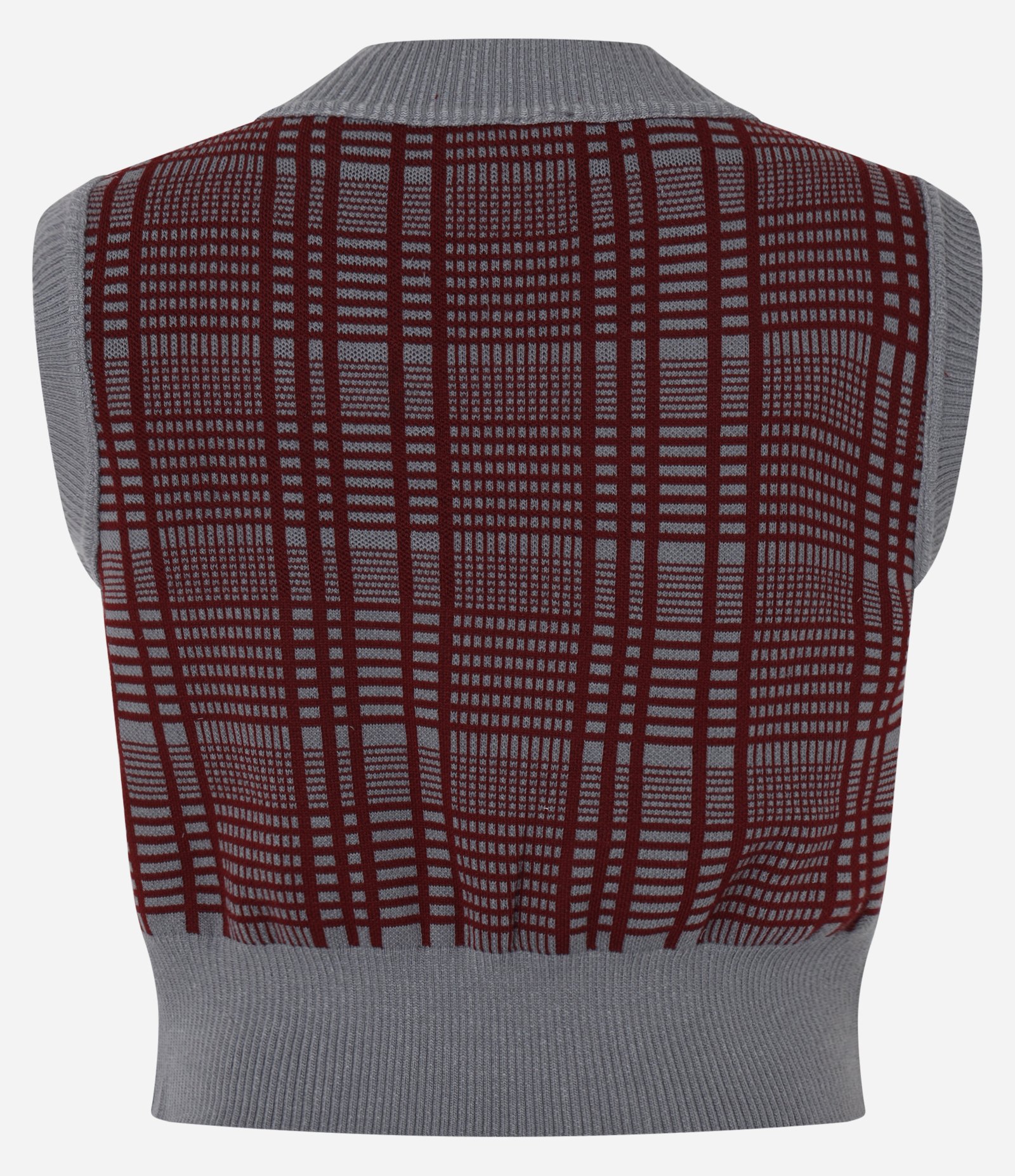 Colete Curto em Tricô Xadrez Bordô/Cinza 6
