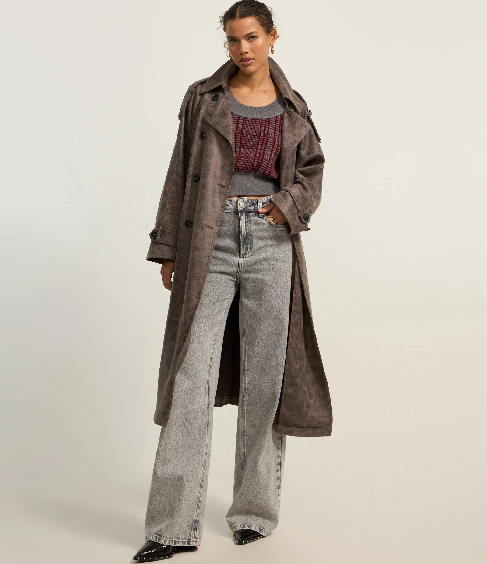 Colete Curto em Tricô Xadrez Bordô/Cinza 2