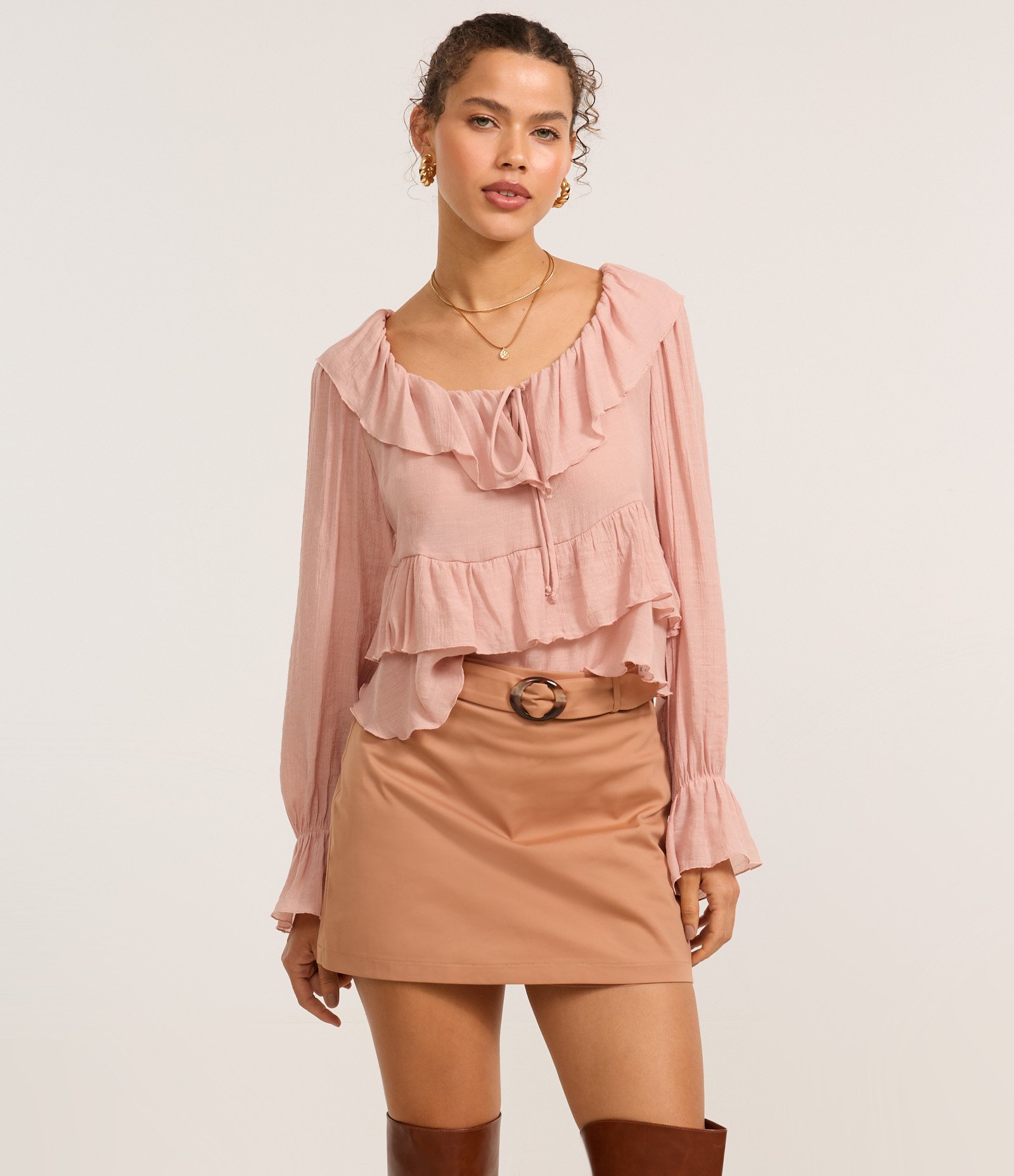 Short Saia Alfaiatado em Algodão com Cinto Marrom Claro 2