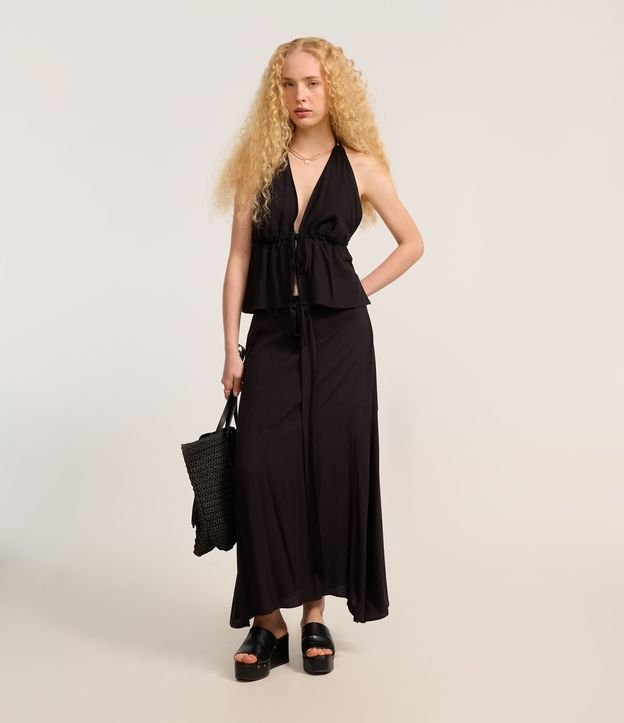 Saia Evasê Long Midi em Viscose com Faixa para Amarração