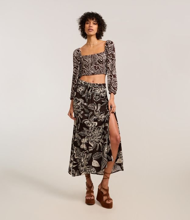 Saia Evasê Long Midi em Viscose com Amarração e Estampa Floral